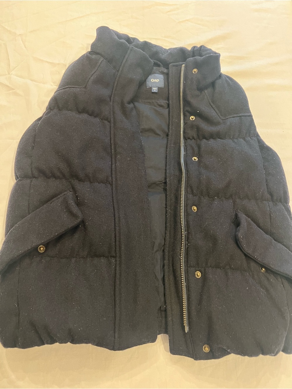 Gap Women's Black Wool/Down Puffer Vest Quilted Collared Zip/Snap Pockets Size S